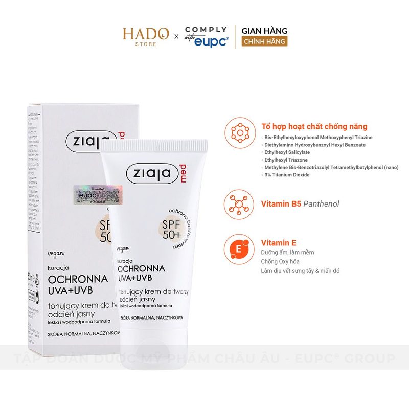 Kem chống nắng có màu SPF50+ cho da nhạy cảm Ziaja Med 50ml - ảnh 2