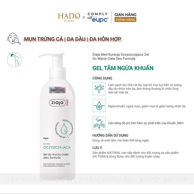 Gel tắm làm sạch dịu nhẹ cho da dầu, mụn Ziaja Med Deo Formula 400ml - ảnh 2